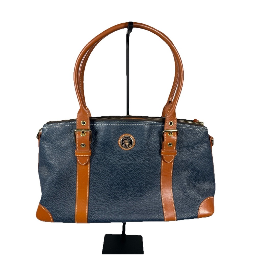 Dooney & Bourke Pebbled Leather Domed Satchel Navy Tan Zip Shoulder Bag Luxury